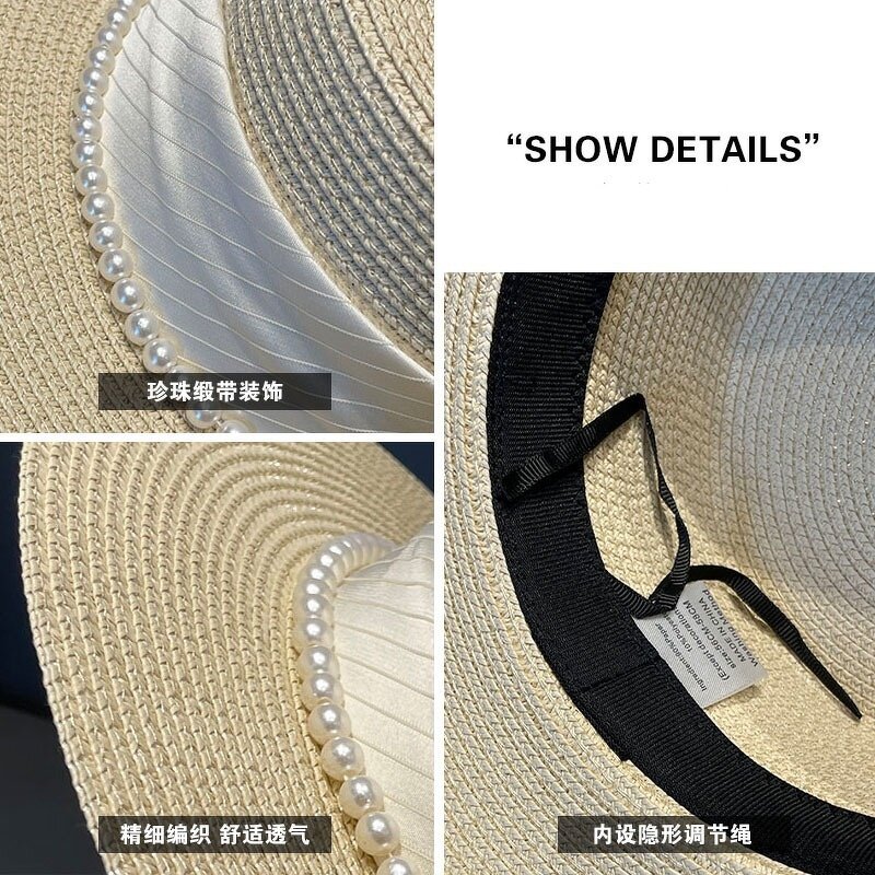 Boater Hat - Manufacturer - Women Straw Pearl Ribbon French Elegance Wide Brim Hat
