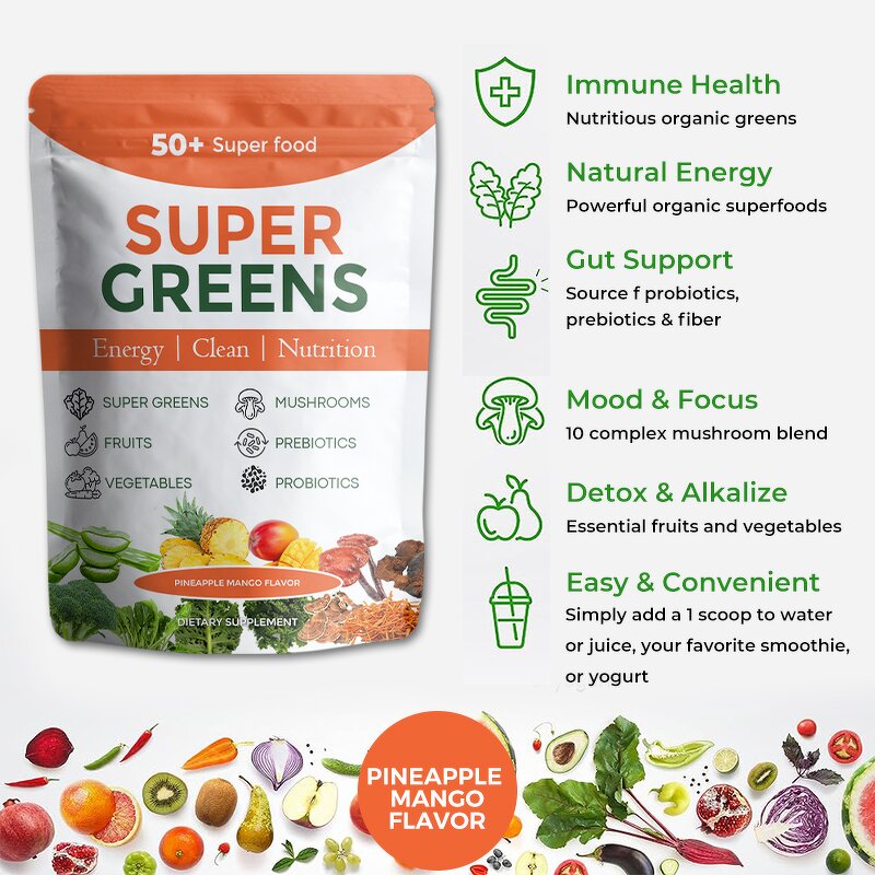 Superfood Powder Manufacturer - Private Label Super Greens Pineapple Mango Mushrooms Probiotics Fiber