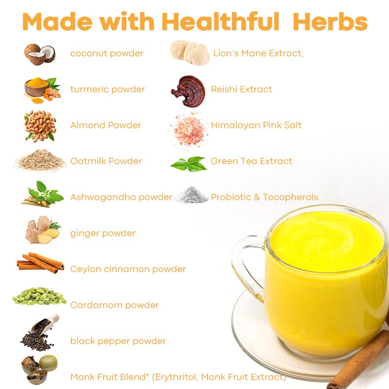 Turmeric Latte Manufacturer - Private Label Turmeric Blend Mushrooms Probiotics Turmeric Almond Superfood