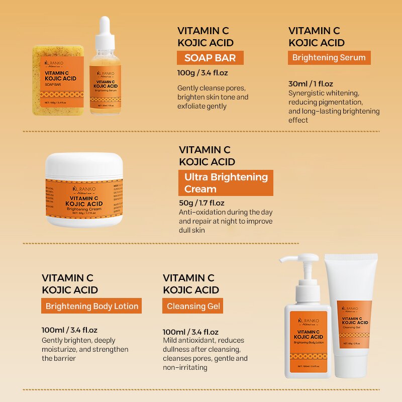 Skincare Set Manufacturer - Kojic Acid Vitamin C 5 Pcs - Dark Spot Removal Whitening Black Skin Care