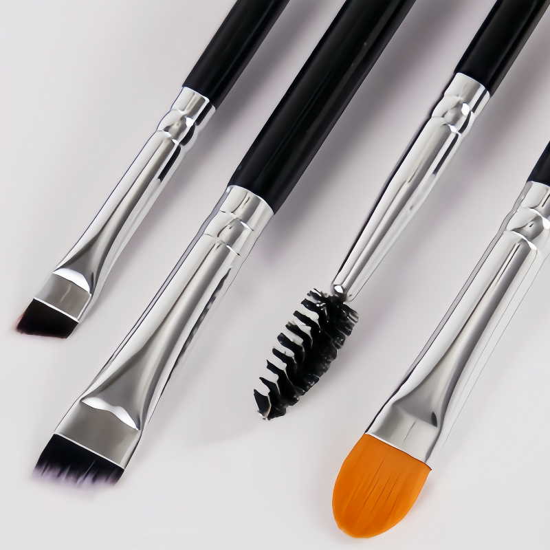 Eyebrow Brush Manufacturer - Diagonal Synthetic Hair Shiny Smooth Black Wooden Handle Silver Aluminum Hoop