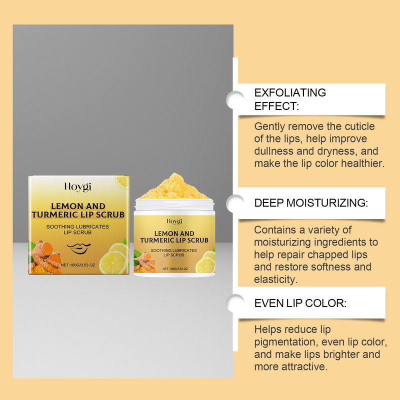 Lip Scrub Manufacturer - HOYGI Turmeric Lemon Cream Oil Moisturizing Organic Lip Balm Whitening Vitamin C Collagen Formula