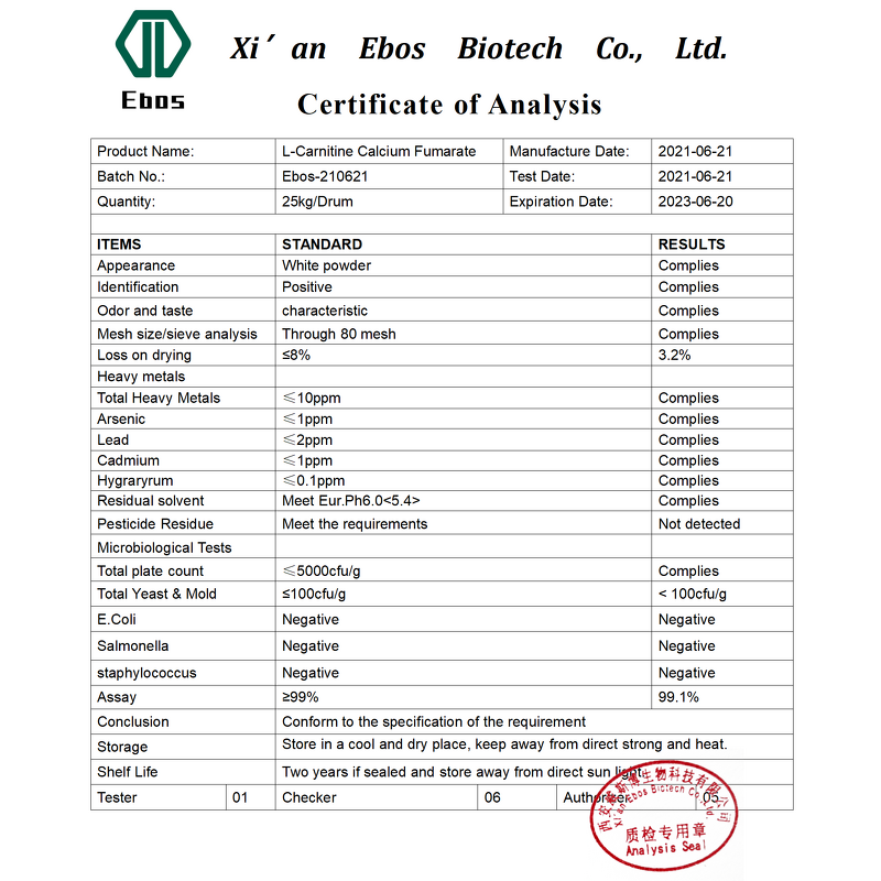 L-Carnitine Calcium Fumarate - 99% Nutrient Supplement Food Grade Additive