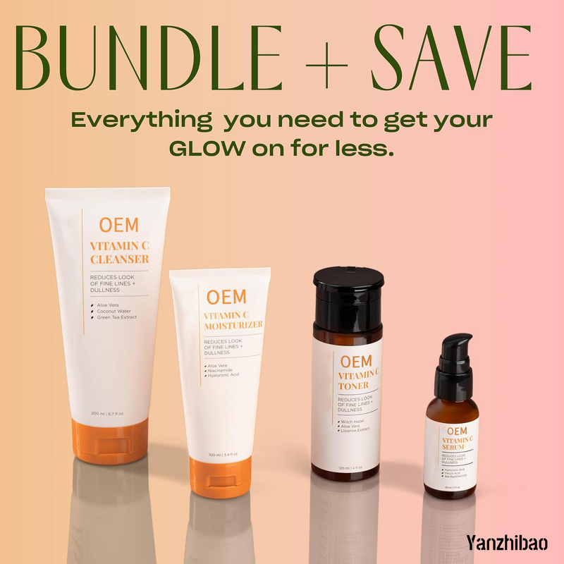 Skin Care Set Manufacturer - OEM Four-Step Vitamin C with Hyalur Acid Botanical Extracts Face Wash for Brightening Anti-Aging