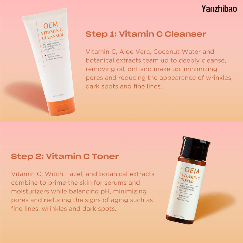 Skin Care Set Manufacturer - OEM Four-Step Vitamin C with Hyalur Acid Botanical Extracts Face Wash for Brightening Anti-Aging