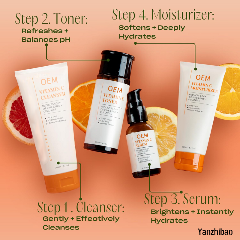Skin Care Set Manufacturer - OEM Four-Step Vitamin C with Hyalur Acid Botanical Extracts Face Wash for Brightening Anti-Aging