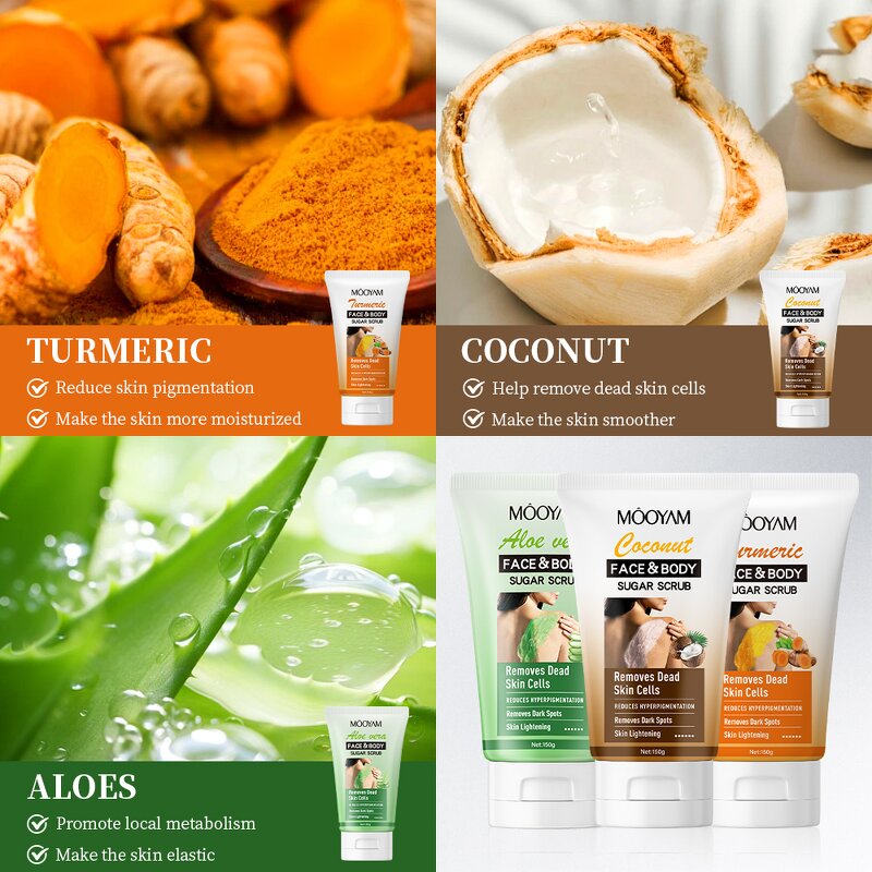Body Scrub Manufacturer - Sugar Scrub 150g Coconut Aloe Turmeric Exfoliating Whitening OEM MOOYAM