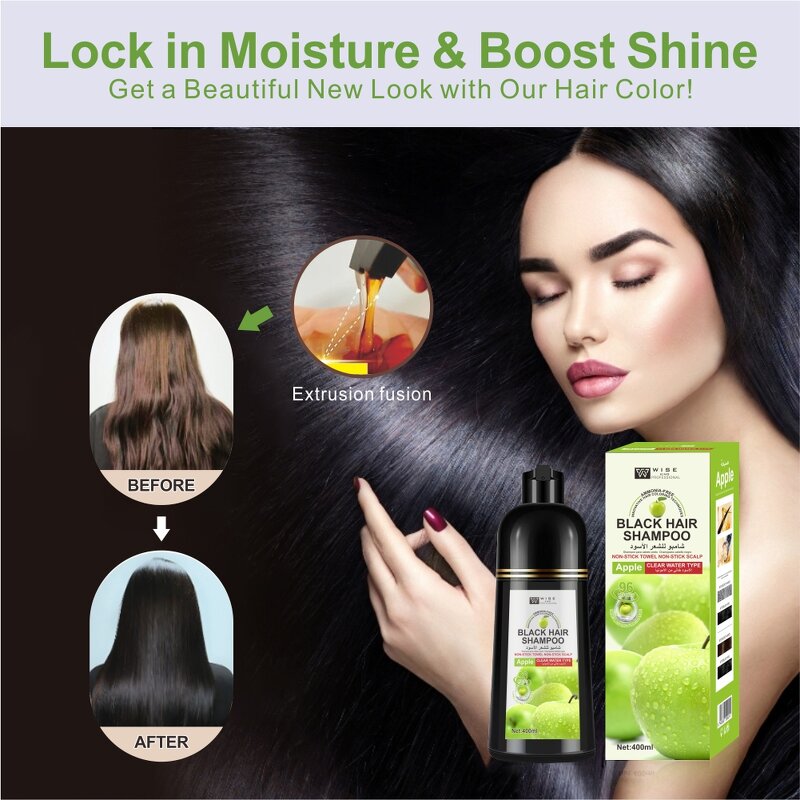 Hair Dye Shampoo Manufacturer - Apple Black 400ml - Ammonia Free, Organic Ginseng, Grey Cover, Long Lasting Professional Color