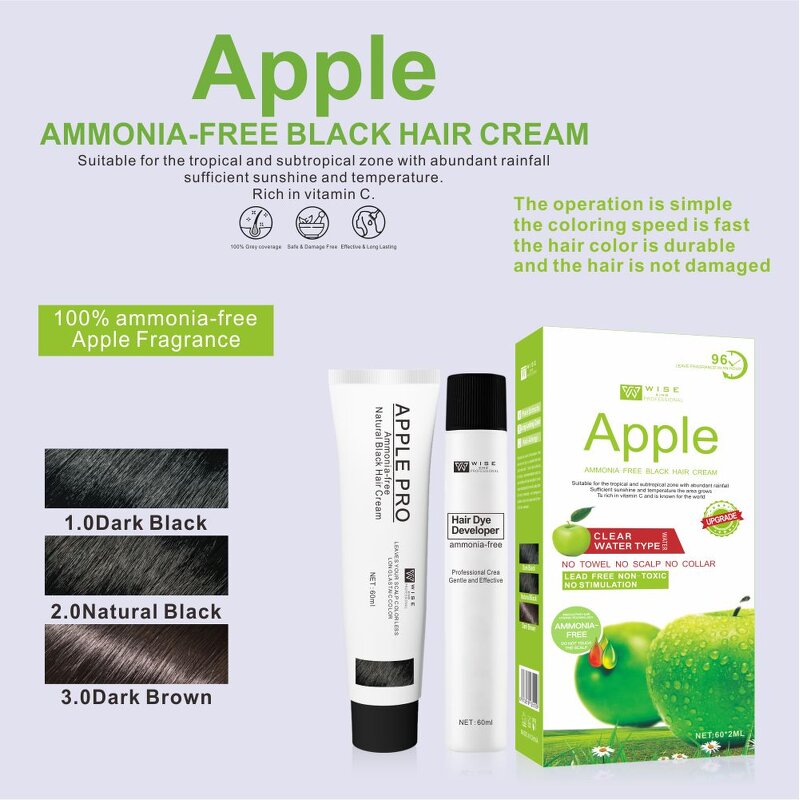 Hair Dye Manufacturer - Professional Apple Black Ammonia Free 60ml*2 - Organic Plant Extract, for Men, for Hair Salon