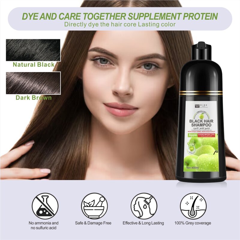 Hair Dye Shampoo Manufacturer - Apple Black 400ml - Ammonia Free, Organic Ginseng, Grey Cover, Long Lasting Professional Color