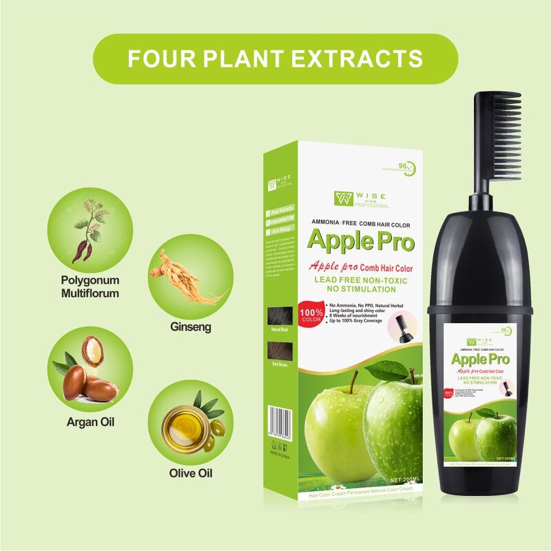 Hair Dye Shampoo Manufacturer - Professional Apple Pro 200ml - Black Color with Comb, Plant Extract, No Skin Stain, Factory