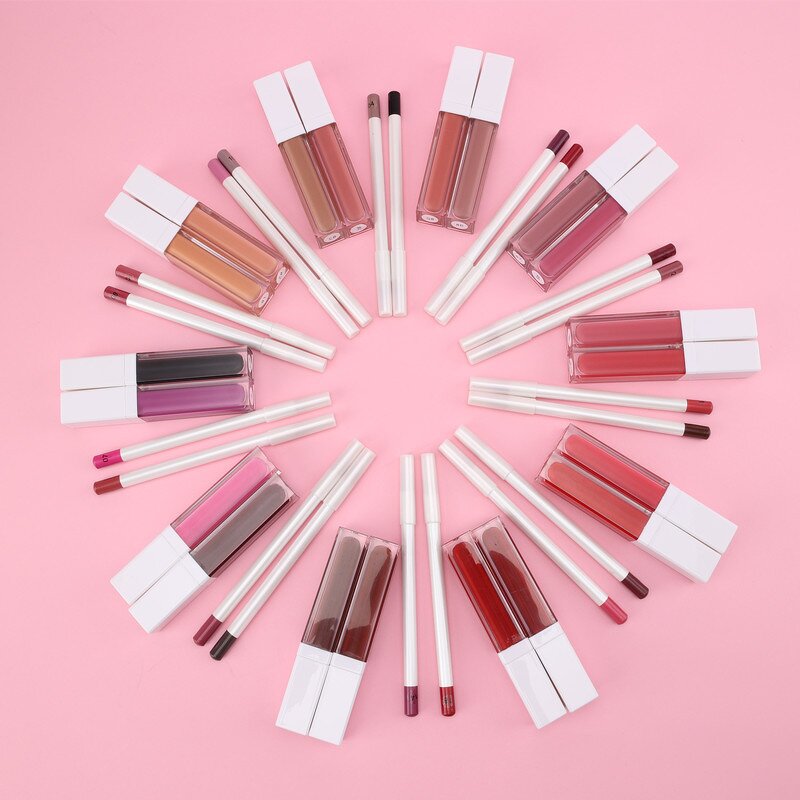Lip Kit Manufacturer - 2 in 1 Set, Clear Case Square Tube Lip Gloss & White Pencil, Waterproof Non-Transfer
