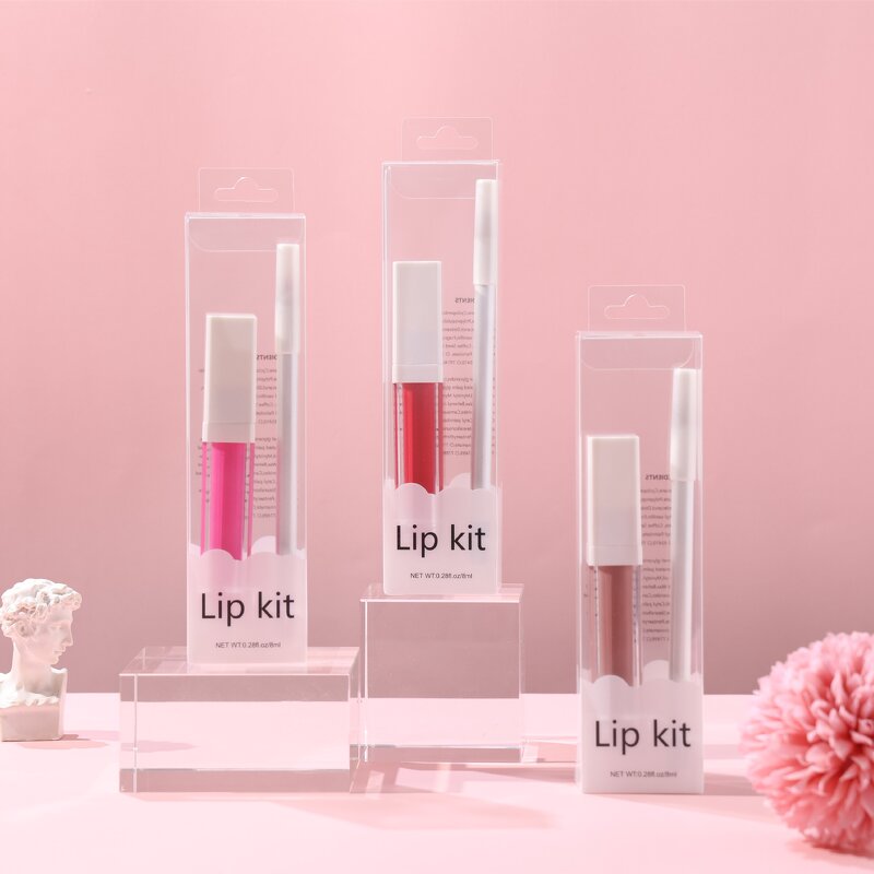 Lip Kit Manufacturer - 2 in 1 Set, Clear Case Square Tube Lip Gloss & White Pencil, Waterproof Non-Transfer