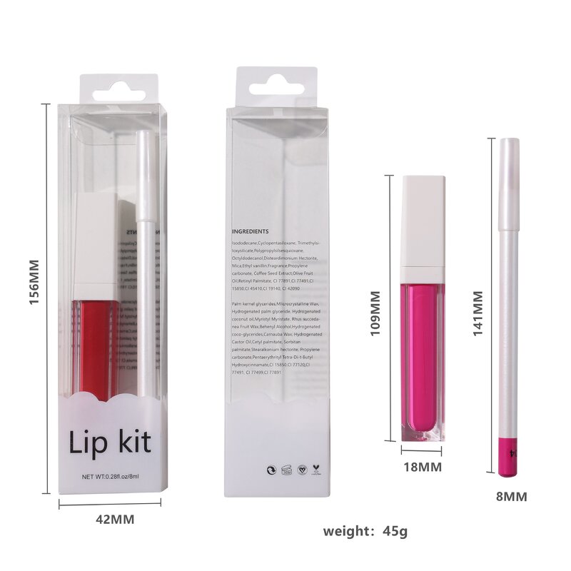 Lip Kit Manufacturer - 2 in 1 Set, Clear Case Square Tube Lip Gloss & White Pencil, Waterproof Non-Transfer