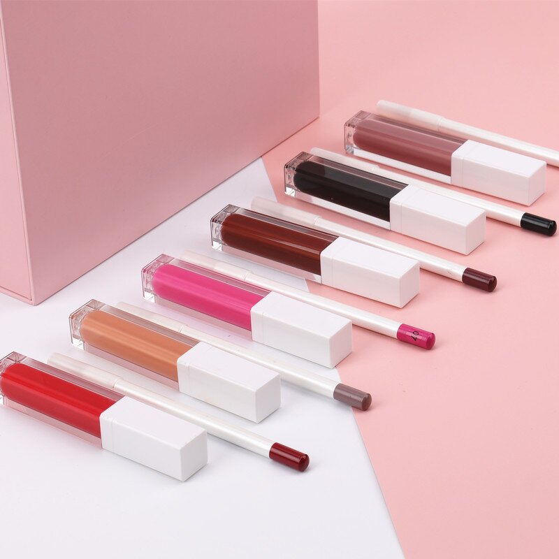 Lip Kit Manufacturer - 2 in 1 Set, Clear Case Square Tube Lip Gloss & White Pencil, Waterproof Non-Transfer