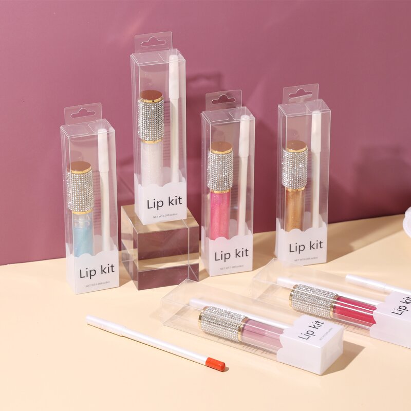 Lip Kit Manufacturer - 2 in 1, Clear Case Diamond Lip Gloss & White Lip Liner Pen, Multi-color Set