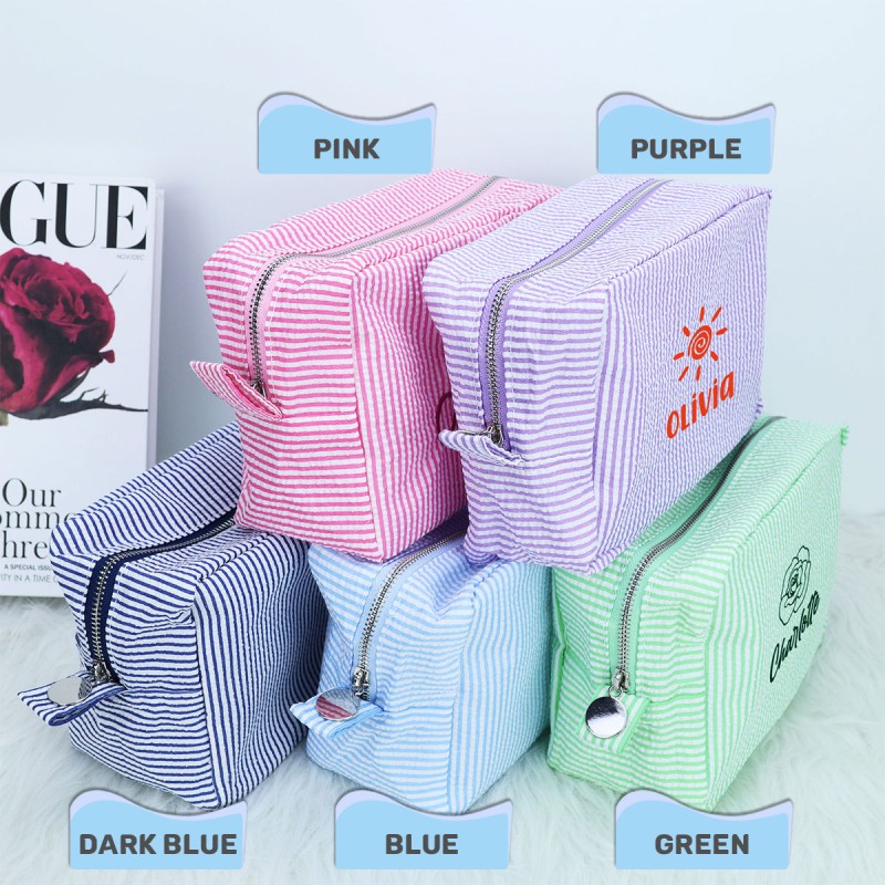 Cosmetic Bag Supplier - OEM Custom Logo Striped Seersucker Travel Organizer
