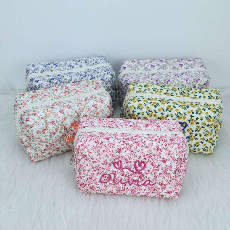Makeup Bag Manufacturer - OEM Custom Logo Quilted Floral Cotton Pouch