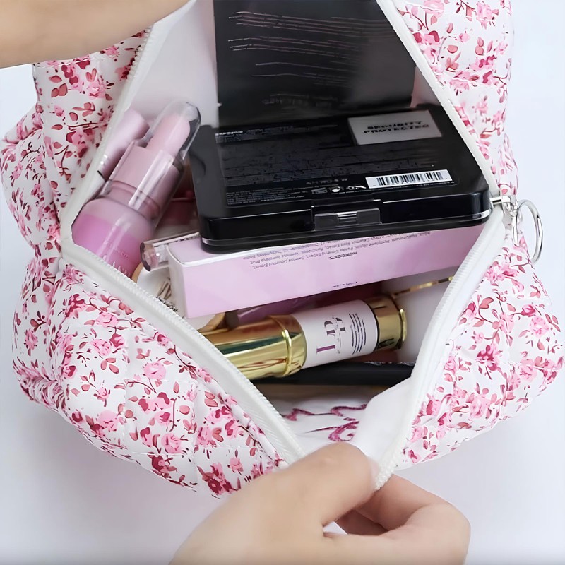 Makeup Bag Manufacturer - OEM Custom Logo Quilted Floral Cotton Pouch