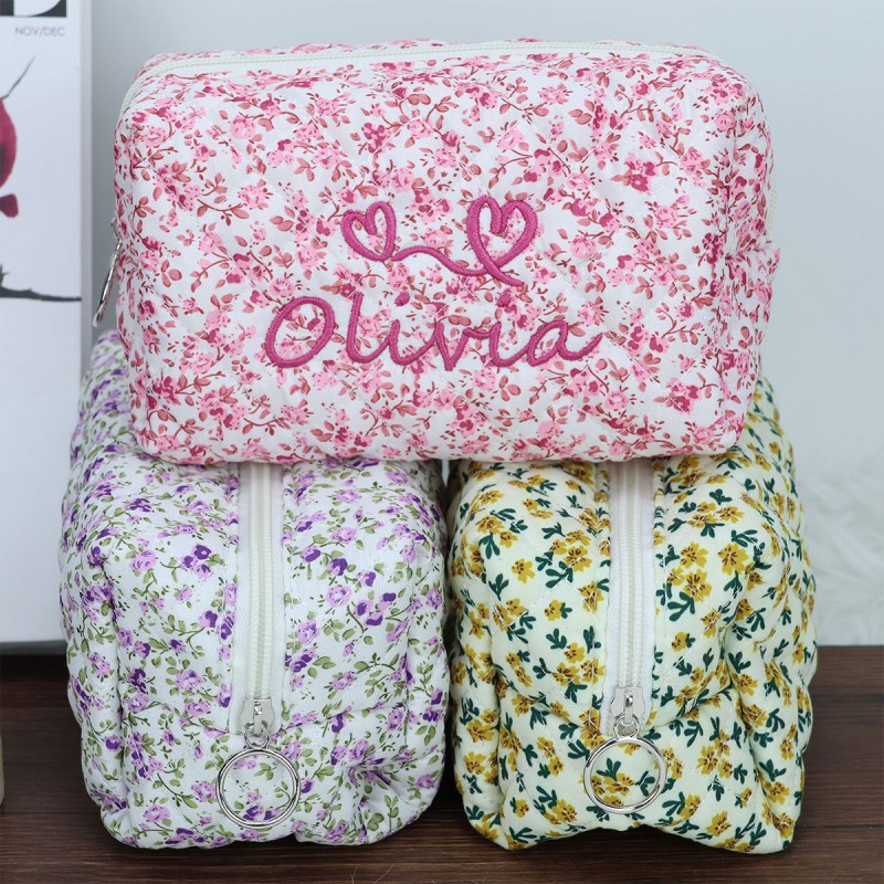 Makeup Bag Manufacturer - OEM Custom Logo Quilted Floral Cotton Pouch