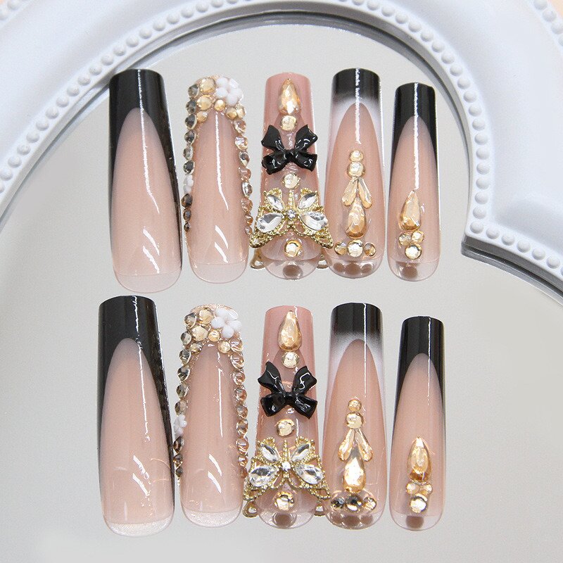 Press on Nails Manufacturer - Luxury Black French Tip Long Square with Gold Glitter 3D