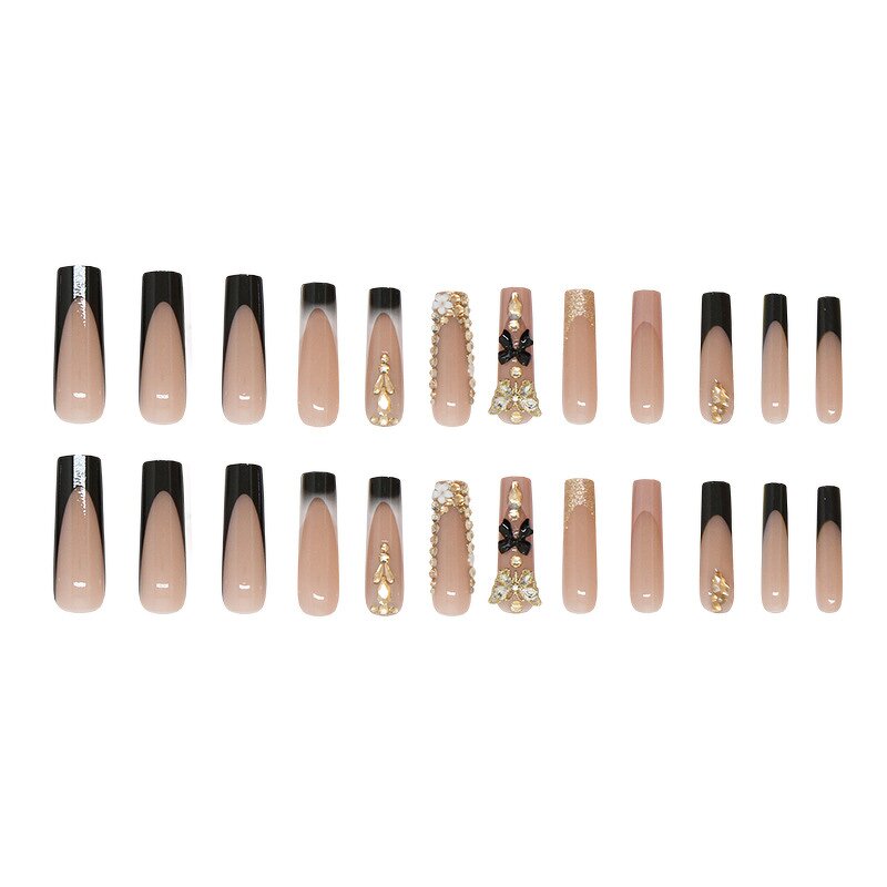 Press on Nails Manufacturer - Luxury Black French Tip Long Square with Gold Glitter 3D