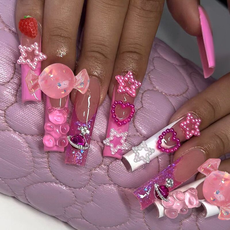 Press on Nails Set Manufacturer - Cute 3D Bear Candy Heart Strawberry Charm with Rhinestones