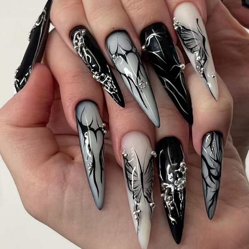 Press On Nails Manufacturer - Long Black French Tip Halloween Stiletto with 3D Aurora