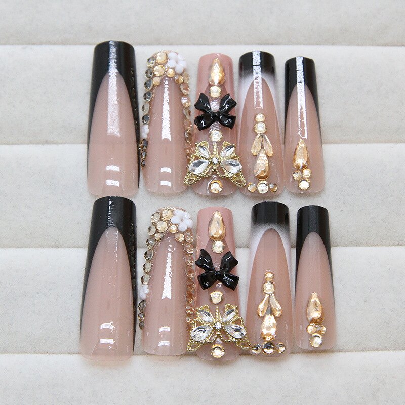 Press on Nails Manufacturer - Luxury Black French Tip Long Square with Gold Glitter 3D