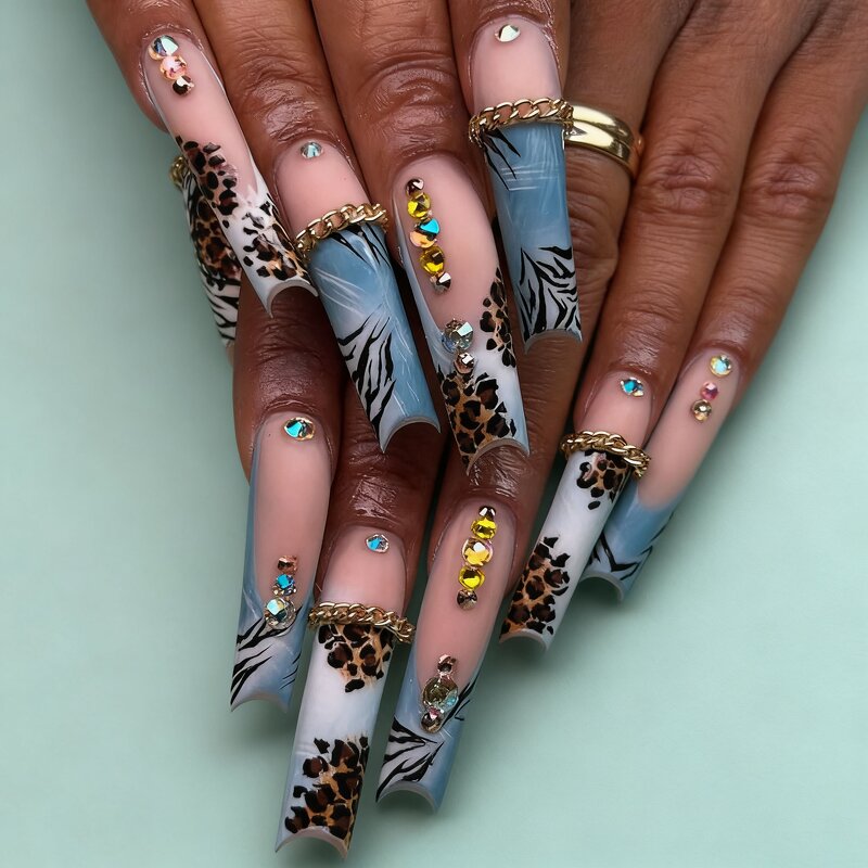 Press On Nails Manufacturer - Luxury Acrylic with 3D Flowers Rhinestones Long Coffin