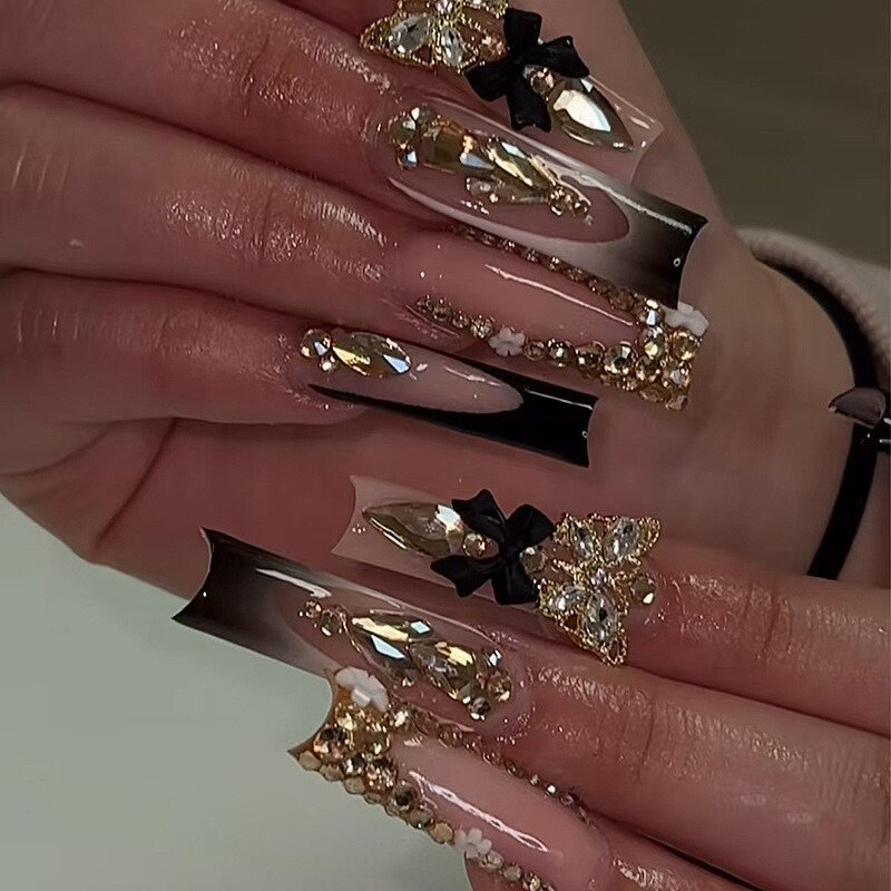 Press on Nails Manufacturer - Luxury Black French Tip Long Square with Gold Glitter 3D