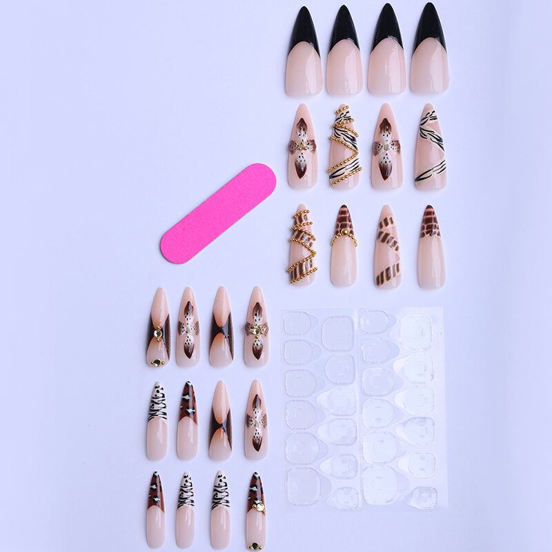 Press on Nails Manufacturer - Brown Tortoise Shell Nude Almond French Tip Long Stiletto
