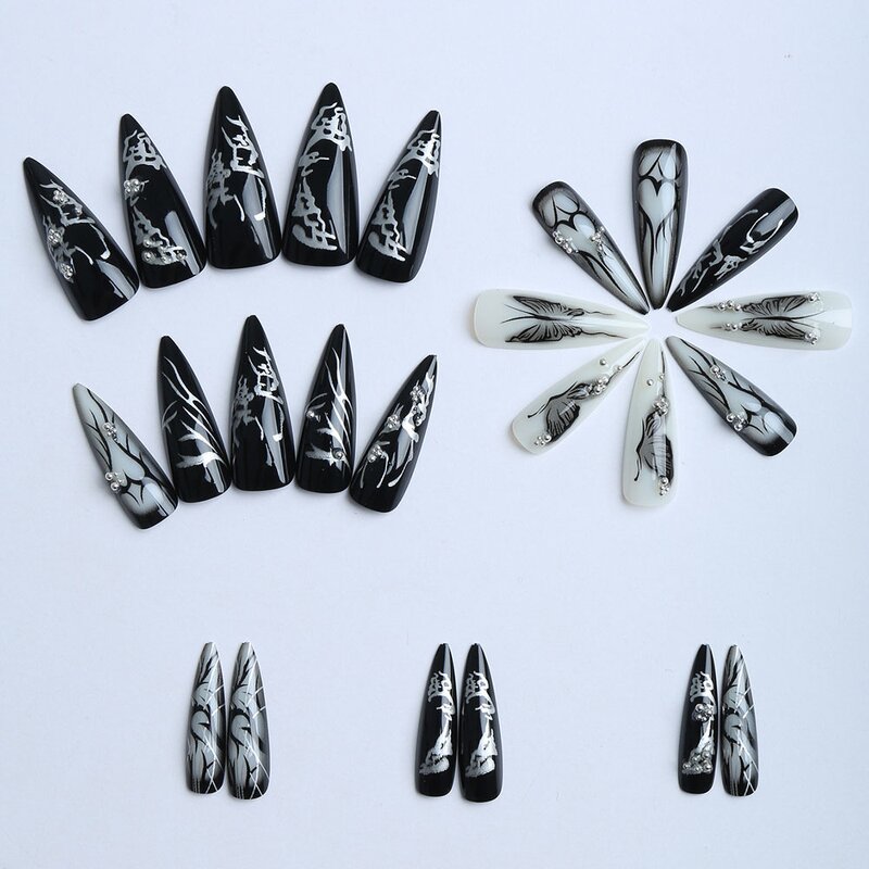 Press On Nails Manufacturer - Long Black French Tip Halloween Stiletto with 3D Aurora