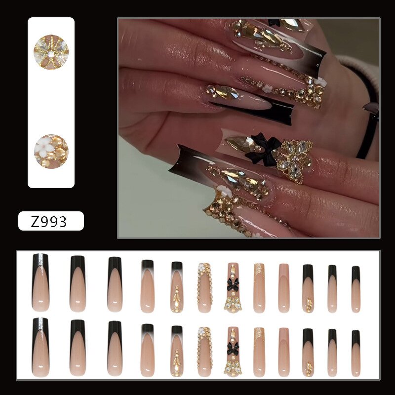 Press on Nails Manufacturer - Luxury Black French Tip Long Square with Gold Glitter 3D