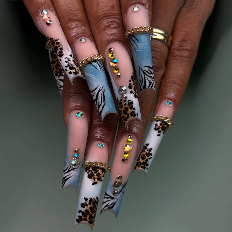 Press On Nails Manufacturer - Luxury Acrylic with 3D Flowers Rhinestones Long Coffin