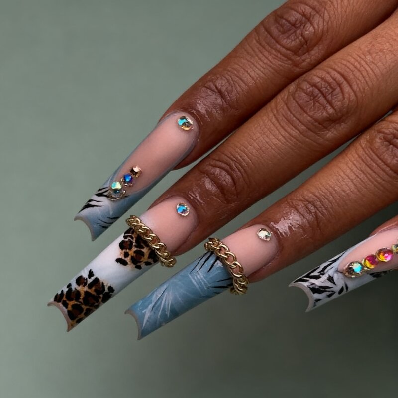 Press On Nails Manufacturer - Luxury Acrylic with 3D Flowers Rhinestones Long Coffin