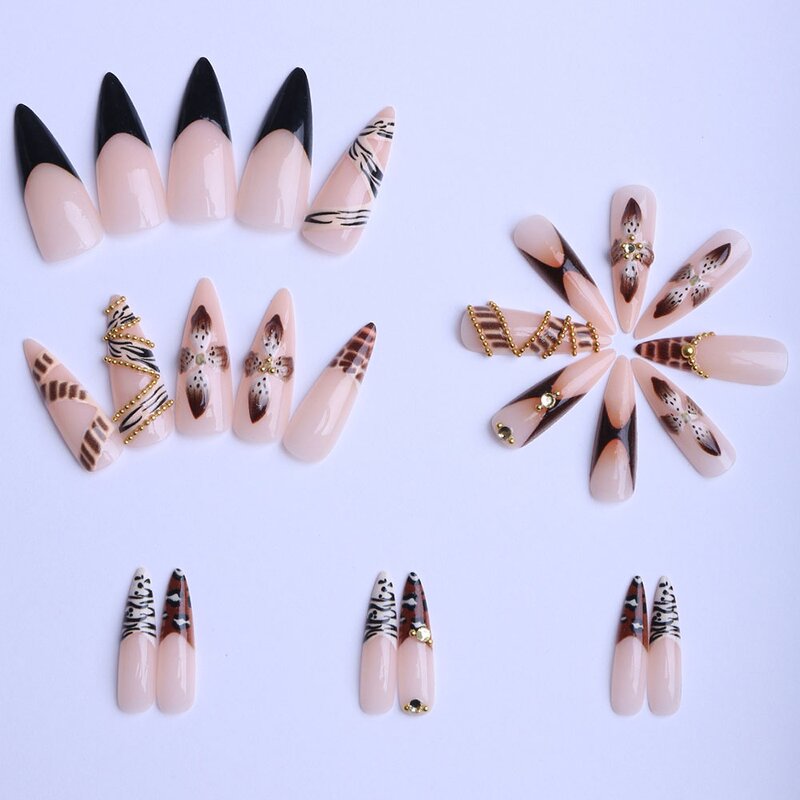 Press on Nails Manufacturer - Brown Tortoise Shell Nude Almond French Tip Long Stiletto