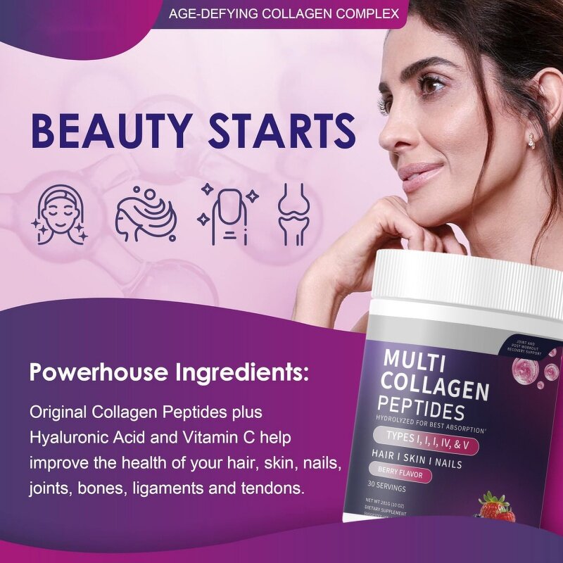 Collagen Peptides Powder - Hydrolyzed Types I II III IV V Skin Whitening Supplement