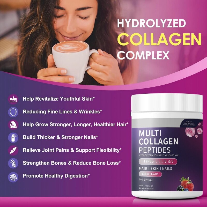 Collagen Peptides Powder - Hydrolyzed Types I II III IV V Skin Whitening Supplement