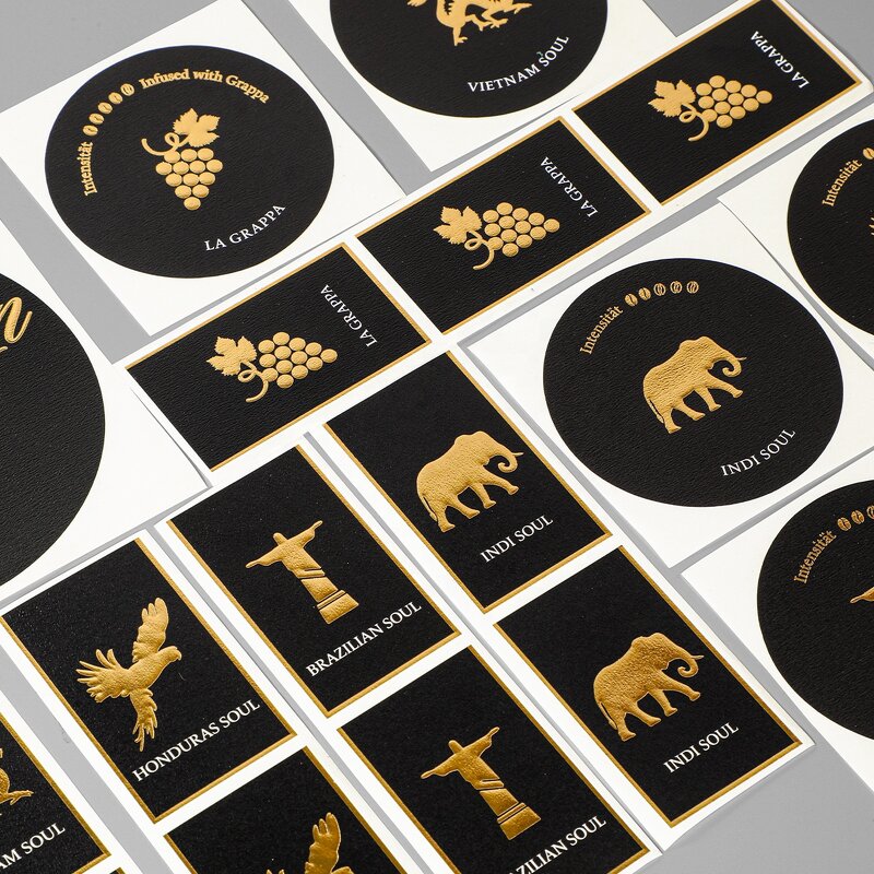 Perfume Bottle Label - Custom Printed Matte Black Textured Paper Gold Foil Embossed