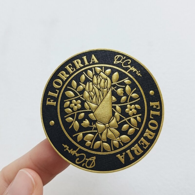 Round Paper Sticker - Custom Luxury Gold Foil Emboss Raised Uv Linen Textured Waterproof
