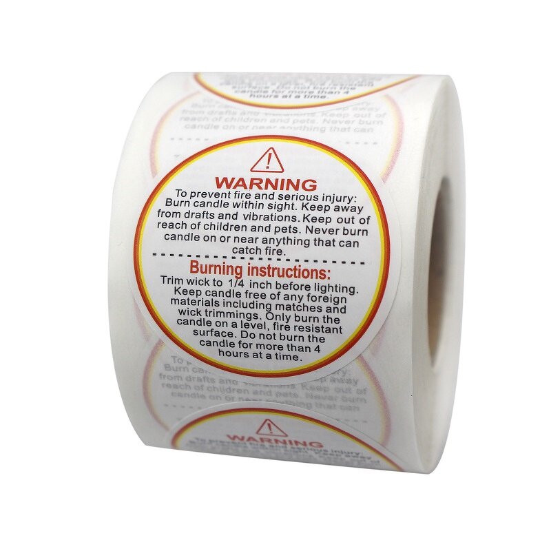 Candle Warning Stickers - 1.5 Inch Round Waterproof Soy Wax Votives Jar Container
