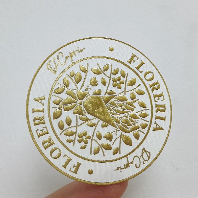 Round Paper Sticker - Custom Luxury Gold Foil Emboss Raised Uv Linen Textured Waterproof