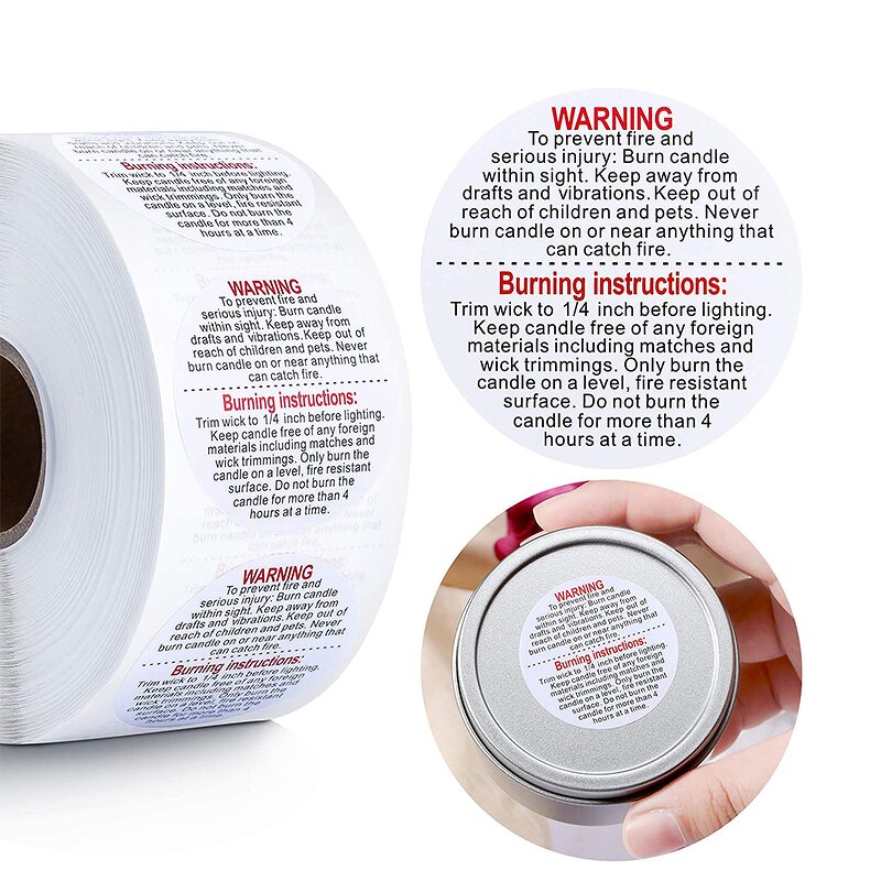 Candle Warning Stickers - 1.5 Inch Round Waterproof Soy Wax Votives Jar Container