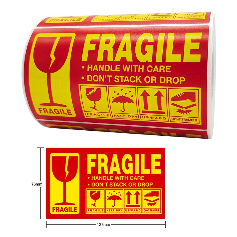 Fragile Warning Labels - Adhesive Sticker Roll for Shipping Packaging Glass Goods