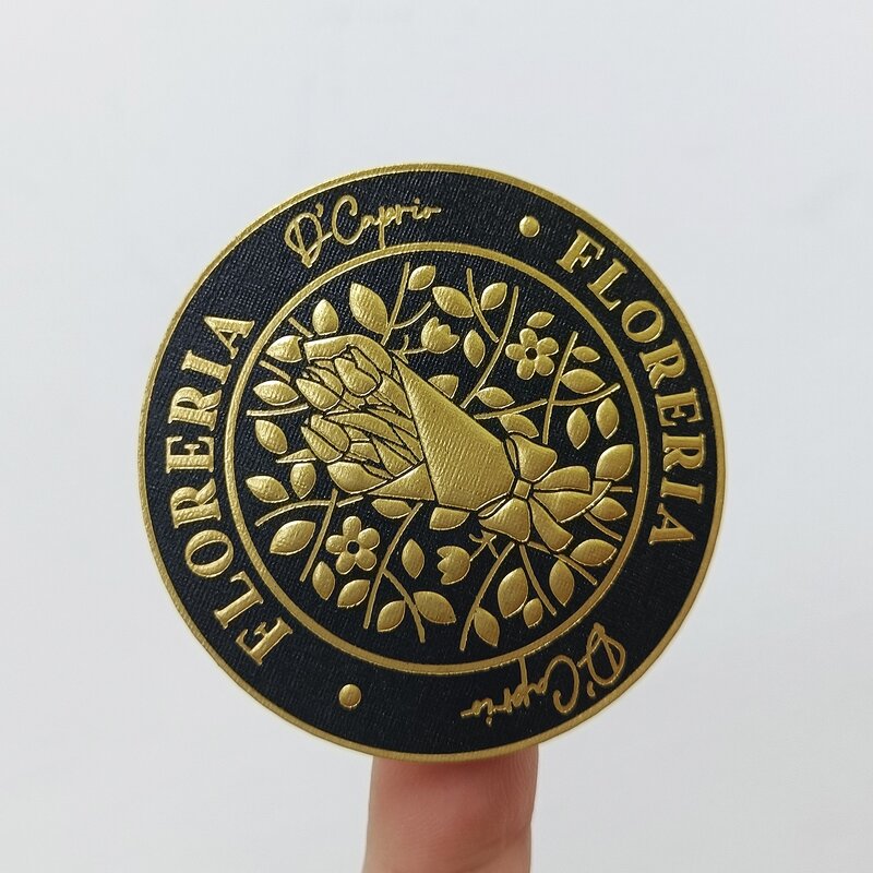Round Paper Sticker - Custom Luxury Gold Foil Emboss Raised Uv Linen Textured Waterproof