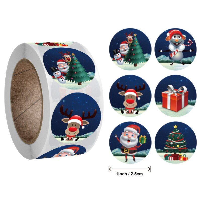 Christmas Vinyl Sticker - 1 Inch Various Designs Cartoon Gift Label Roll Sticker