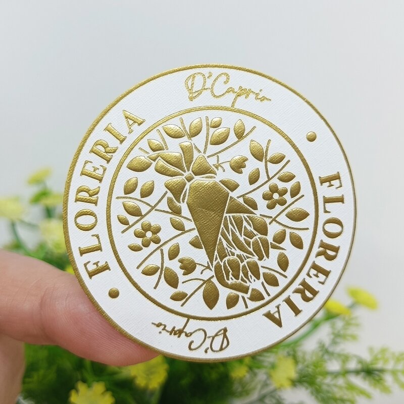 Round Paper Sticker - Custom Luxury Gold Foil Emboss Raised Uv Linen Textured Waterproof