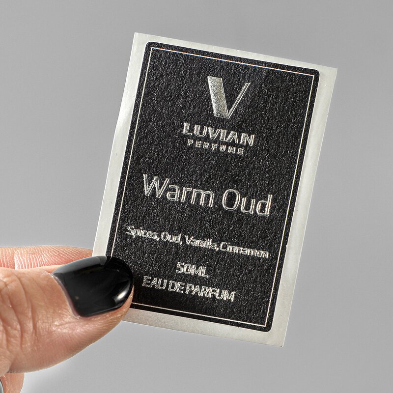 Perfume Label Sticker - Custom Luxury Black Cotton Paper Silver Foil 3D Emboss Bottle
