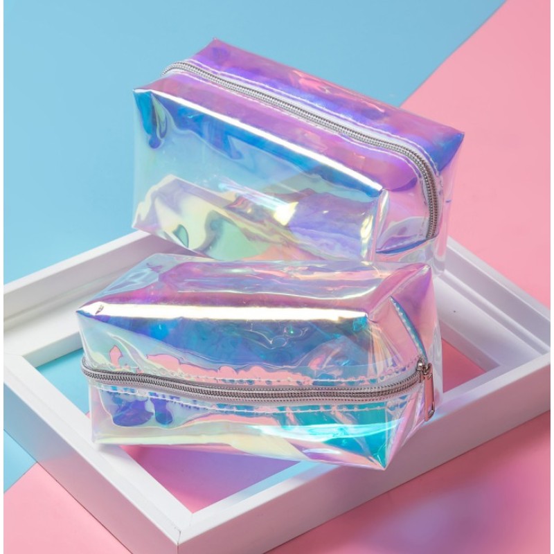 PVC Makeup Bag Manufacturer - OEM Glitter Iridescent Makeup Bag with Handle Zipper